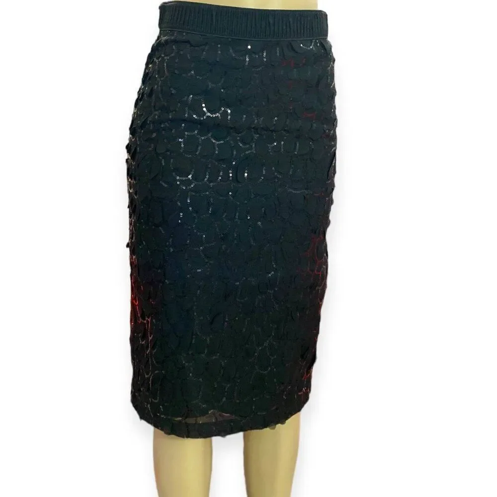 Black Sequins Scallop Detailed Formal Pencil Knee Length Skirt NEW